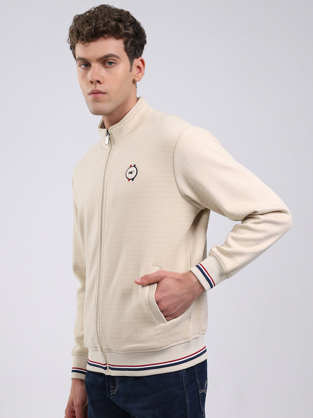 Men Beige Self Design Ultra Warm Collar Sweatshirt - Anti-Pilling Fabric