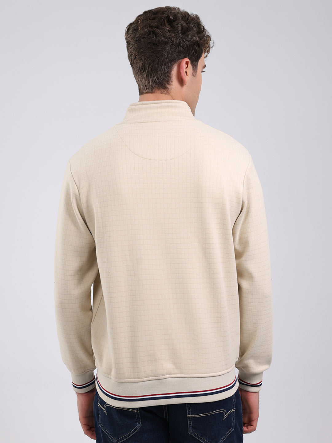 Men Beige Self Design Ultra Warm Collar Sweatshirt - Anti-Pilling Fabric