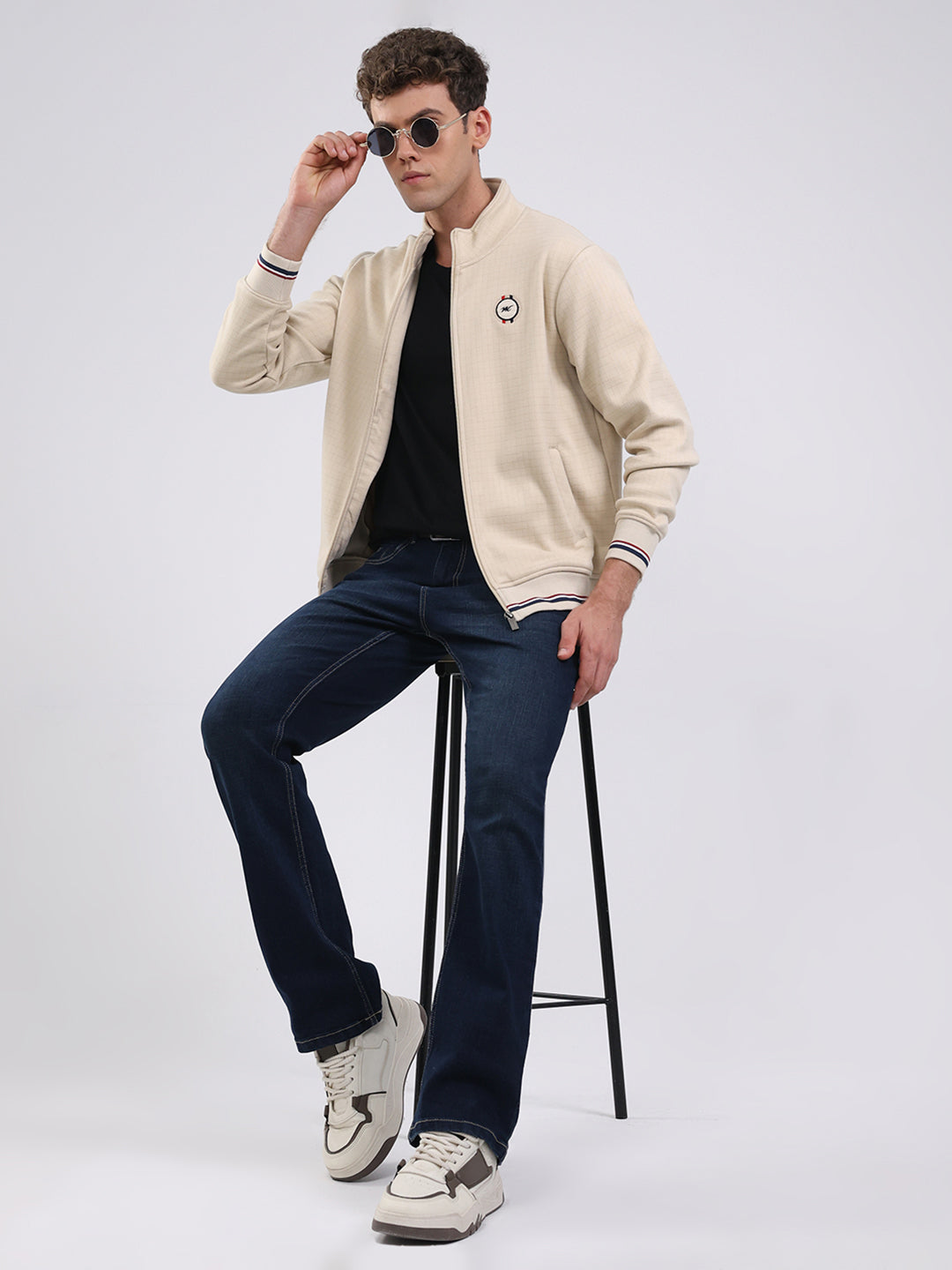 Men Beige Self Design Ultra Warm Collar Sweatshirt - Anti-Pilling Fabric