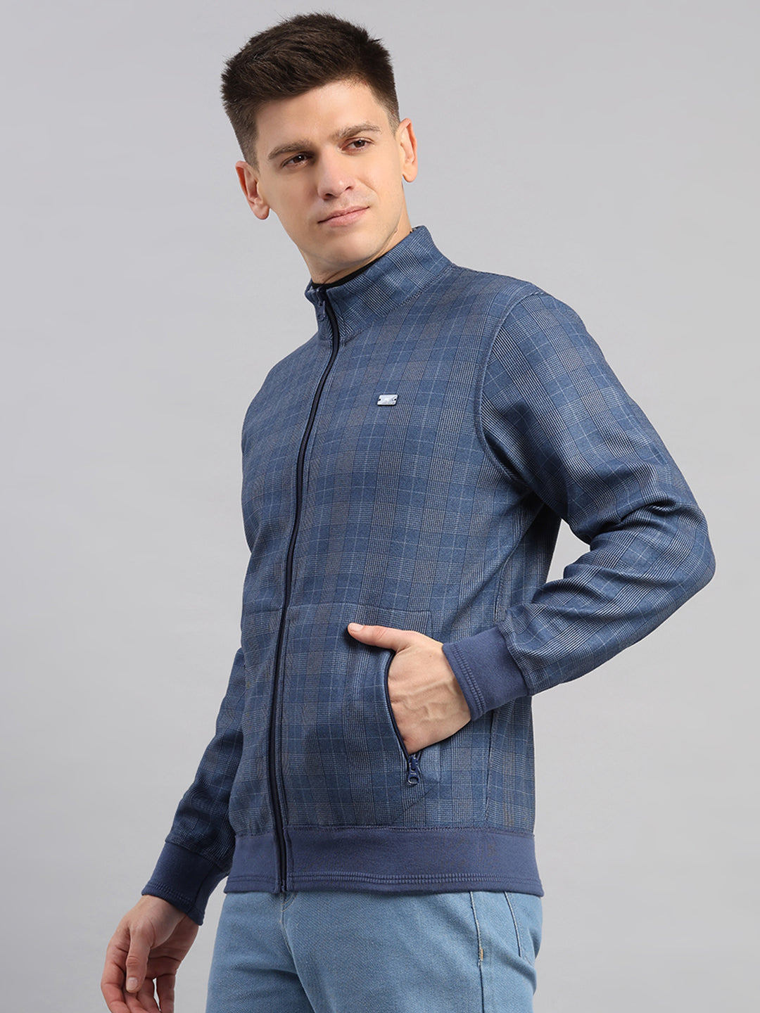 Men Blue Check Collar Full Sleeve Reversible Sweatshirt