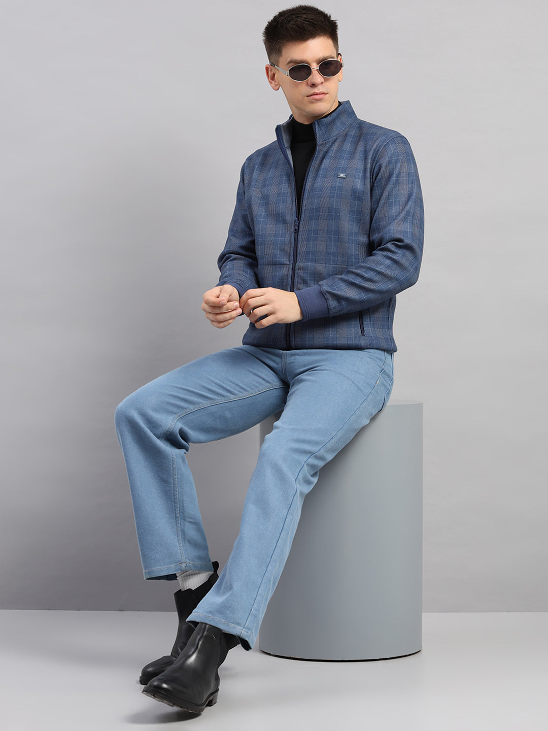 Men Blue Check Collar Full Sleeve Reversible Sweatshirt