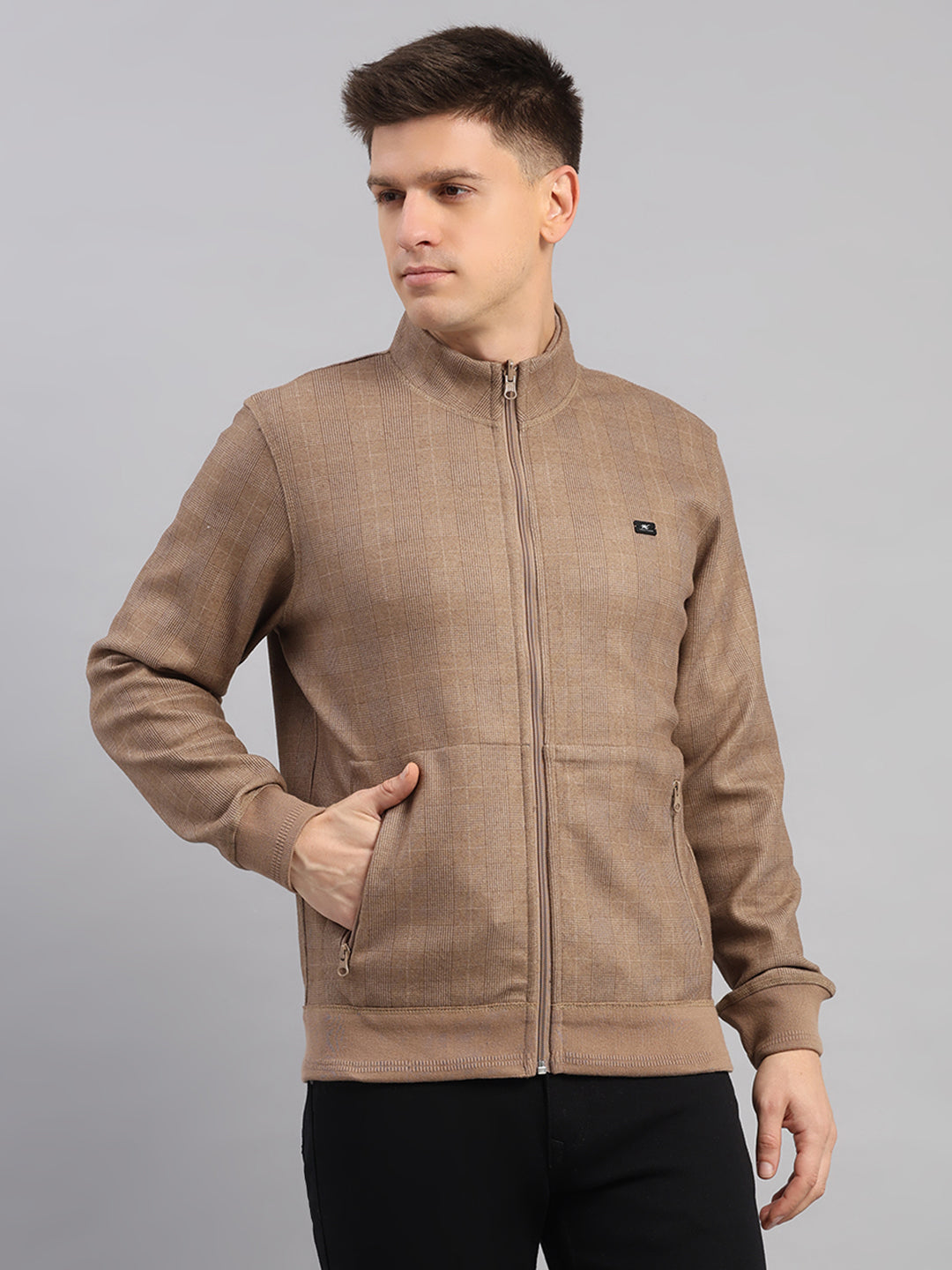Men Brown Check Collar Full Sleeve Reversible Sweatshirt