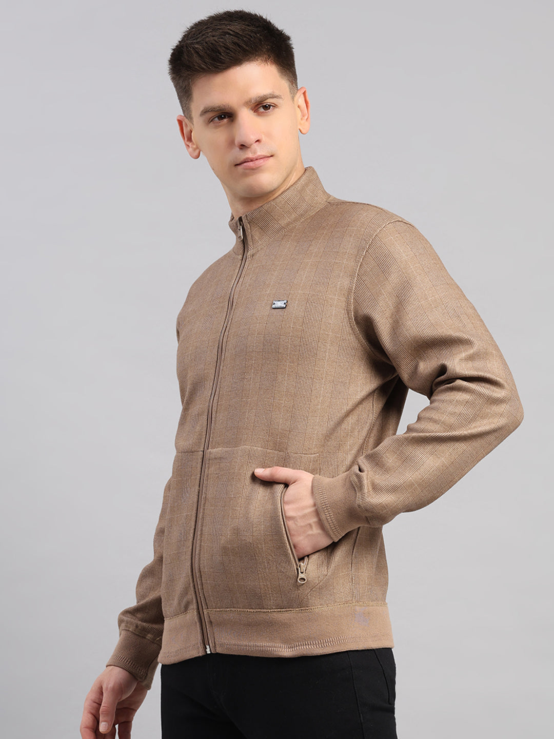 Men Brown Check Collar Full Sleeve Reversible Sweatshirt