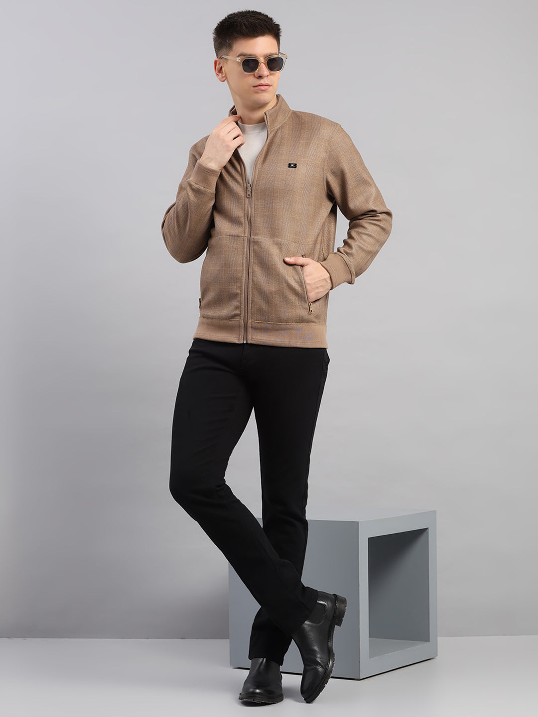 Men Brown Check Collar Full Sleeve Reversible Sweatshirt