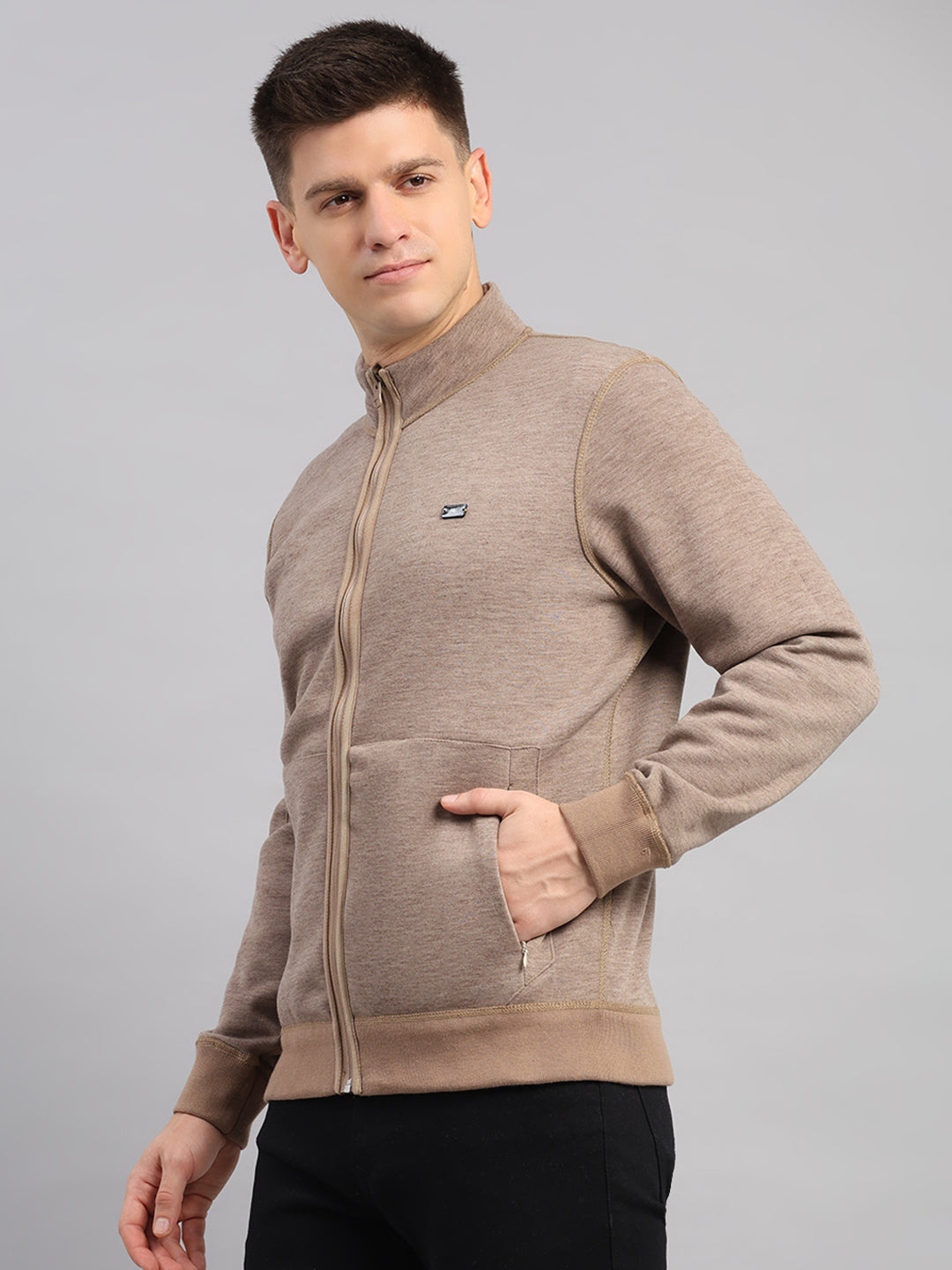 Men Brown Check Collar Full Sleeve Reversible Sweatshirt
