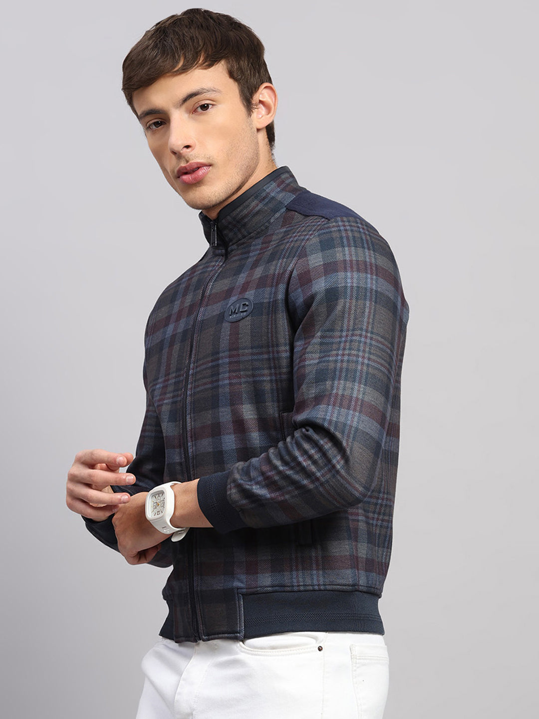 Men Navy Blue Jaquard Collar Full Sleeve Sweatshirt