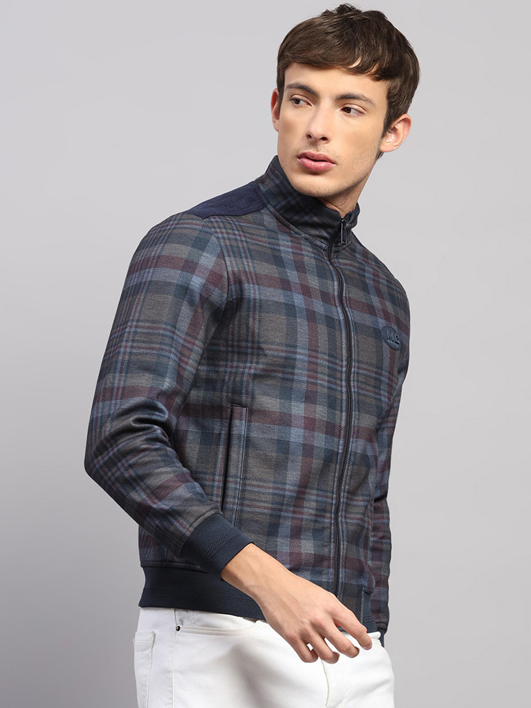 Men Navy Blue Jaquard Collar Full Sleeve Sweatshirt