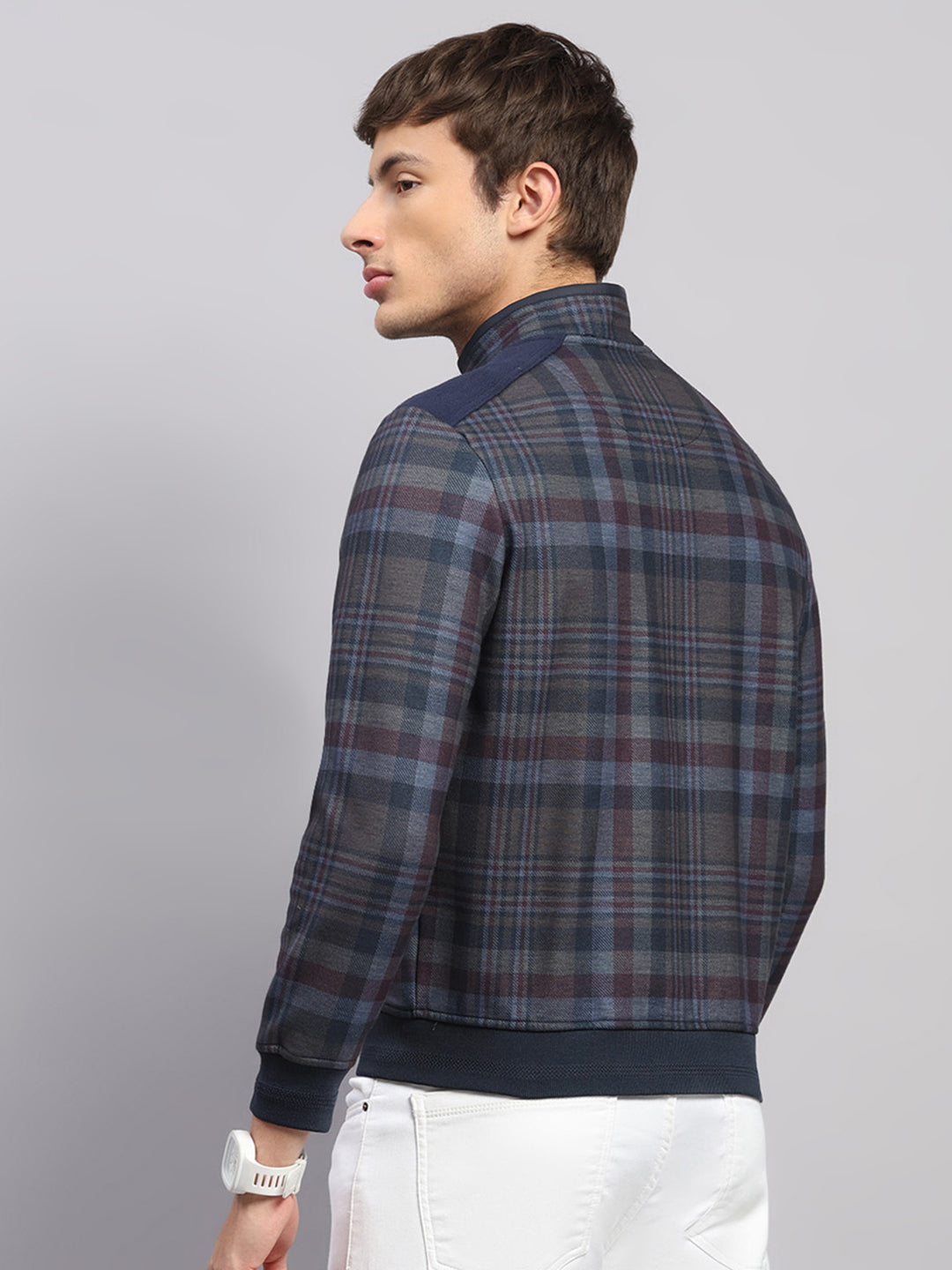 Men Navy Blue Jaquard Collar Full Sleeve Sweatshirt