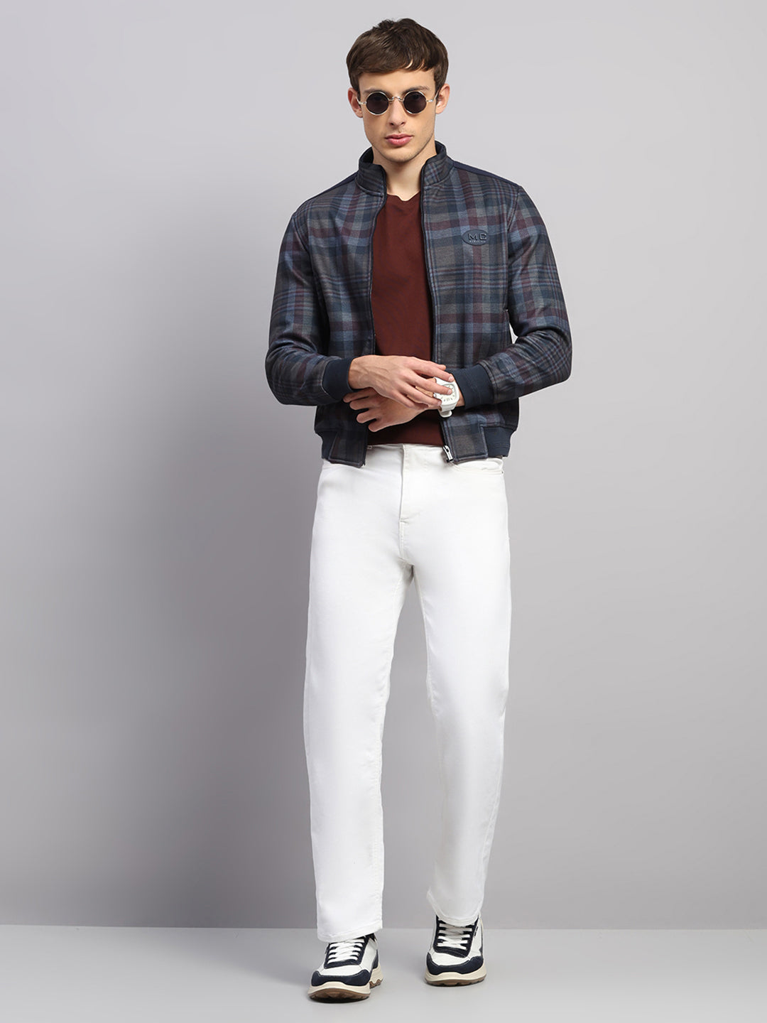 Men Navy Blue Jaquard Collar Full Sleeve Sweatshirt