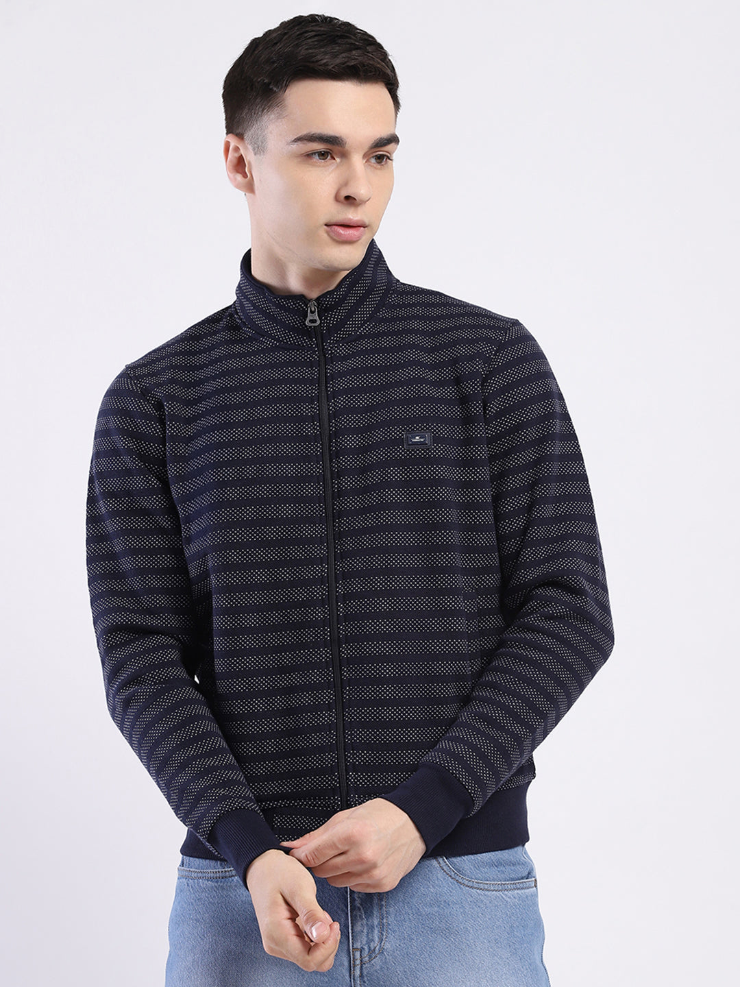 Men Navy Blue Self Design Mock Neck Full Sleeve Sweatshirt