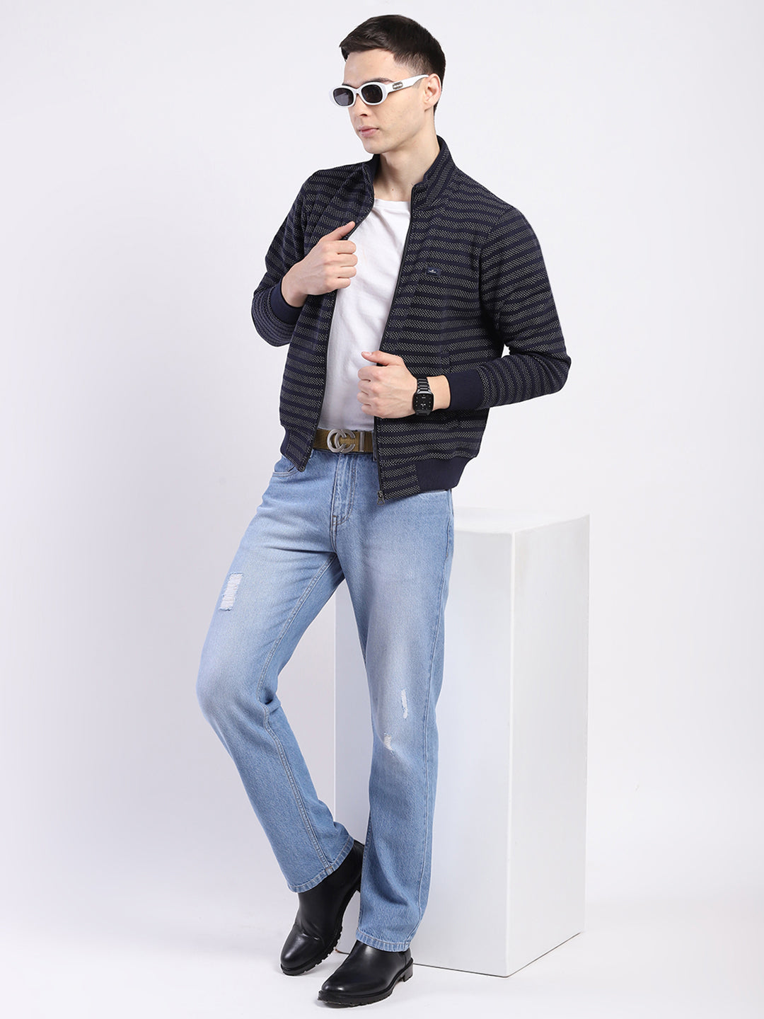 Men Navy Blue Self Design Mock Neck Full Sleeve Sweatshirt