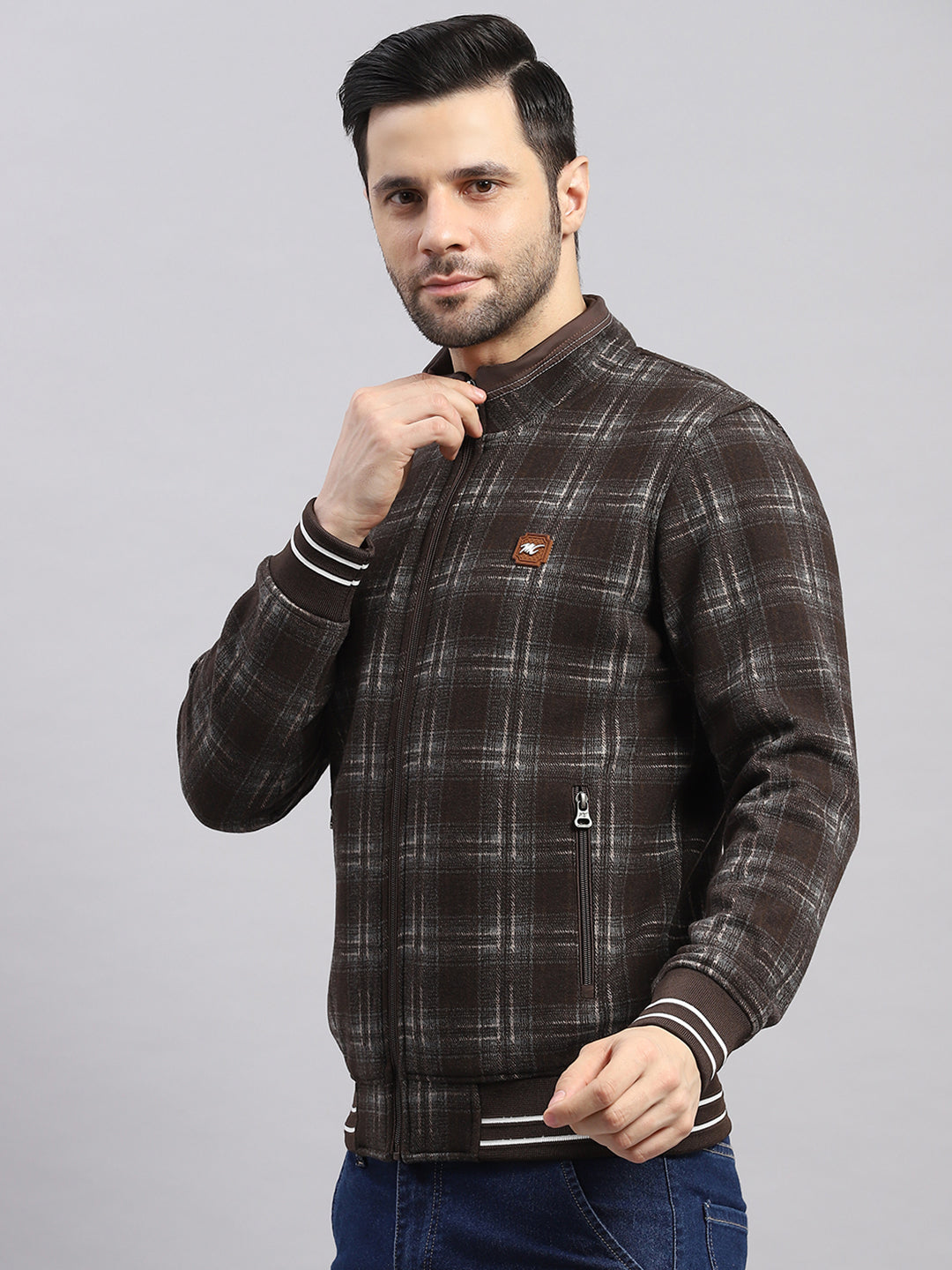 Men Brown Self Design Ultra Warm Collar Sweatshirt - Anti-Pilling Fabric
