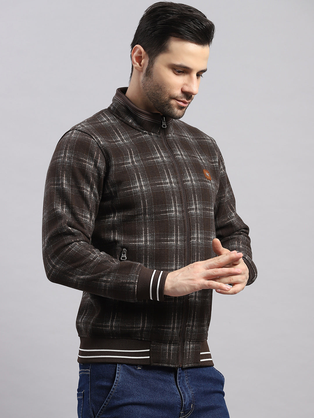 Men Brown Self Design Ultra Warm Collar Sweatshirt - Anti-Pilling Fabric