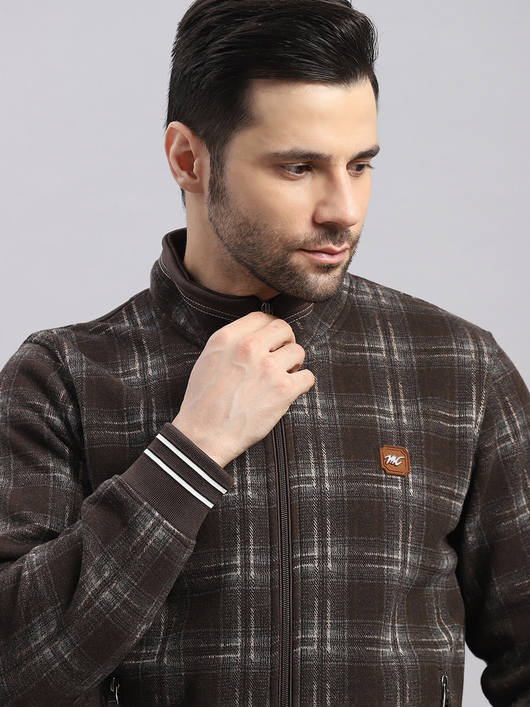 Men Brown Self Design Ultra Warm Collar Sweatshirt - Anti-Pilling Fabric