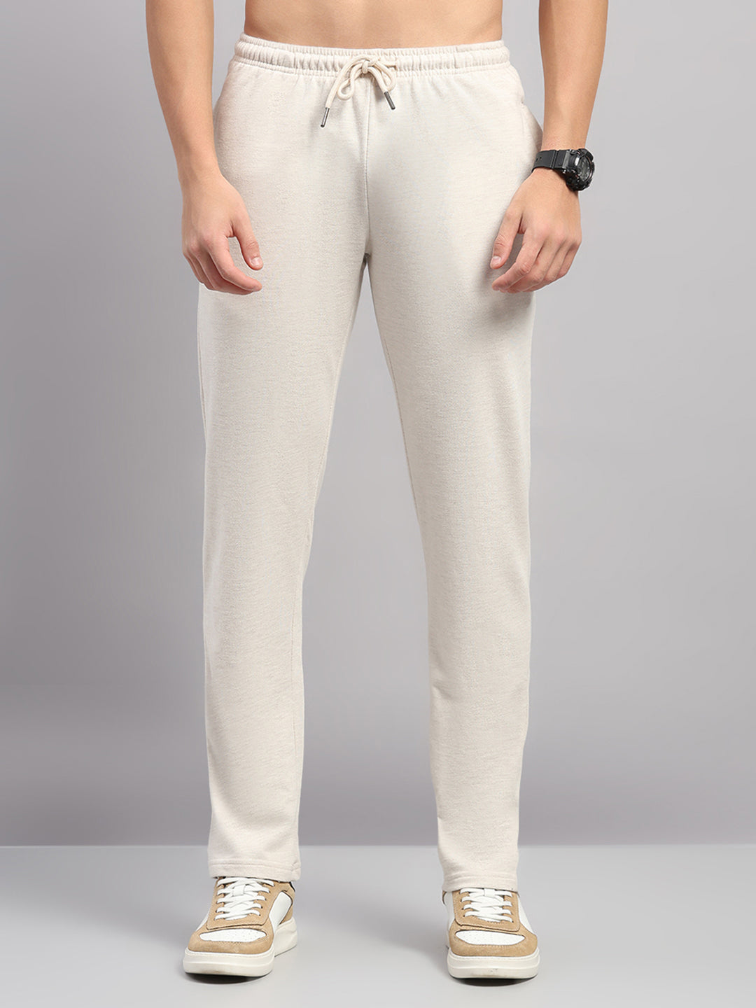 Men Beige Stripe Collar Full Sleeve Winter Tracksuit