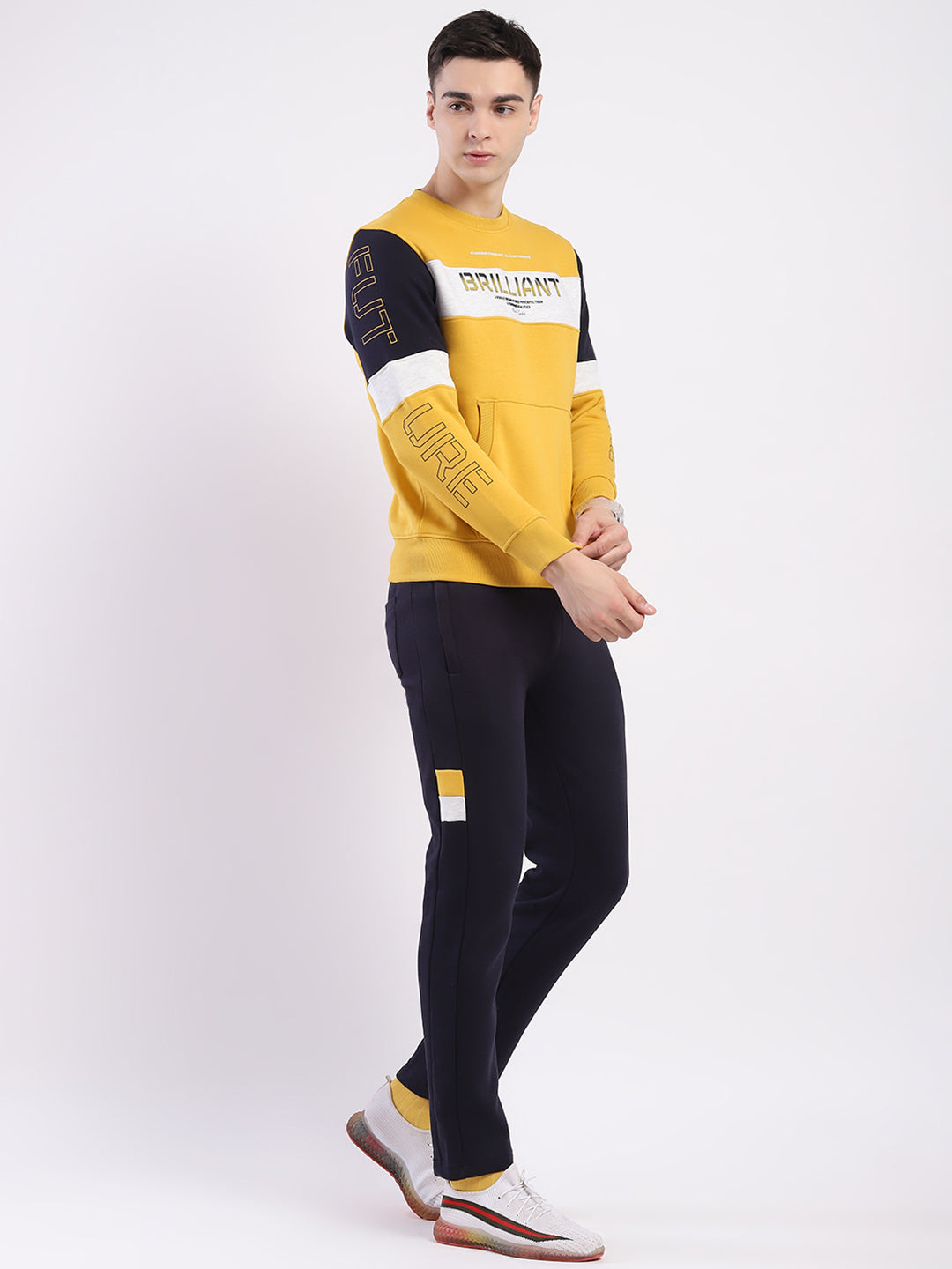 Men Yellow & Navy Blue Solid Round Neck Full Sleeve Winter Tracksuit