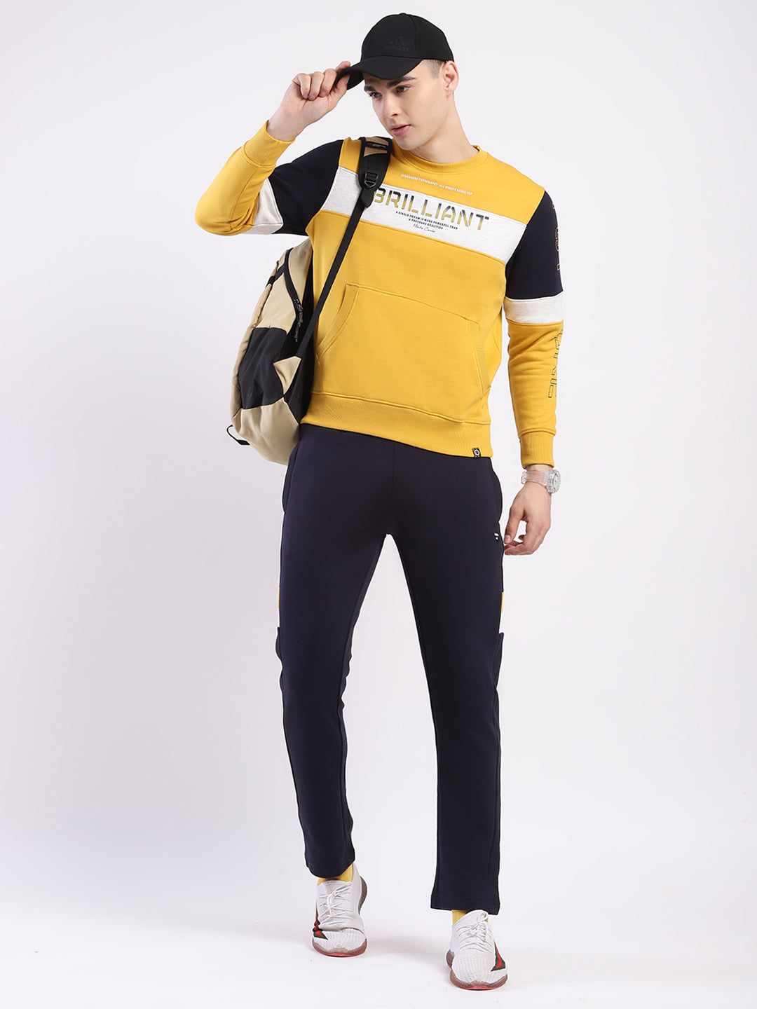 Men Yellow & Navy Blue Solid Round Neck Full Sleeve Winter Tracksuit