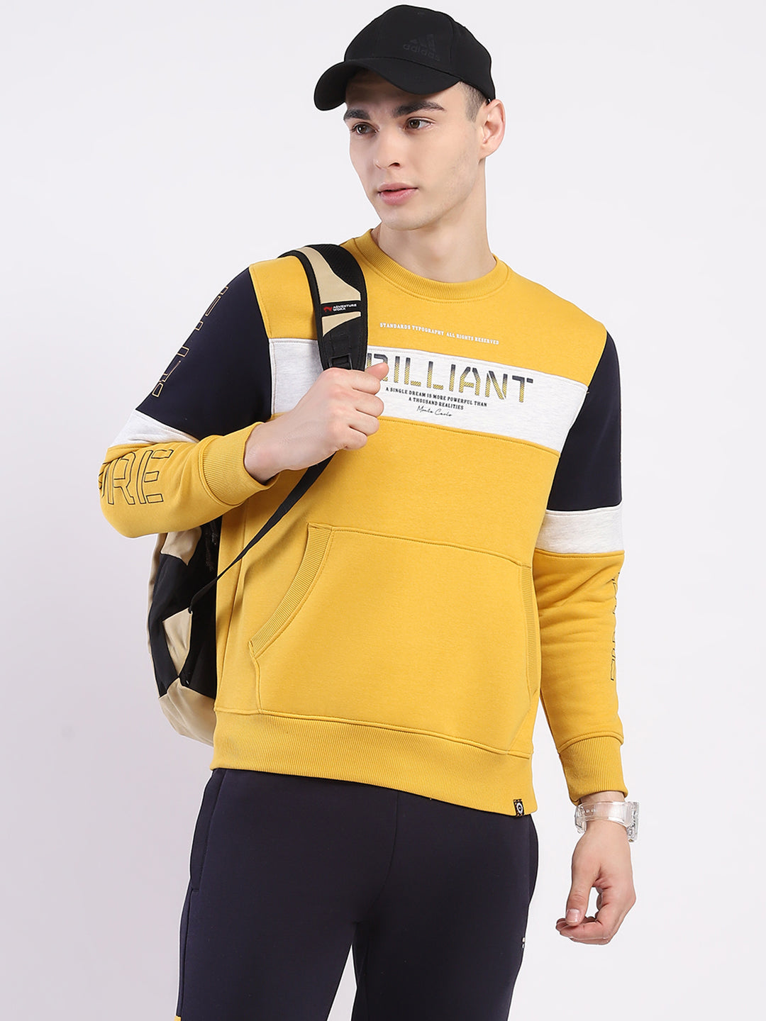Men Yellow & Navy Blue Solid Round Neck Full Sleeve Winter Tracksuit