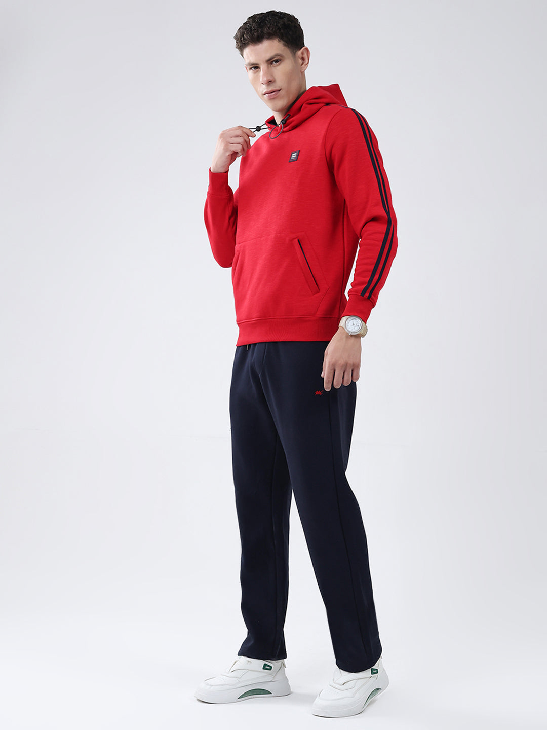 Men Red & Navy Blue Solid Hooded Full Sleeve Winter Tracksuit