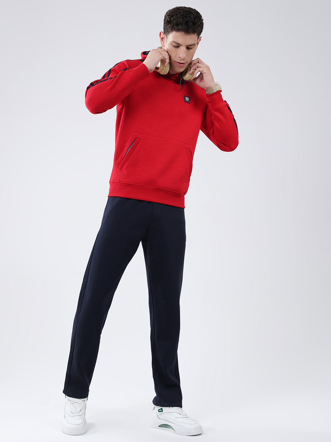 Men Red & Navy Blue Solid Hooded Full Sleeve Winter Tracksuit