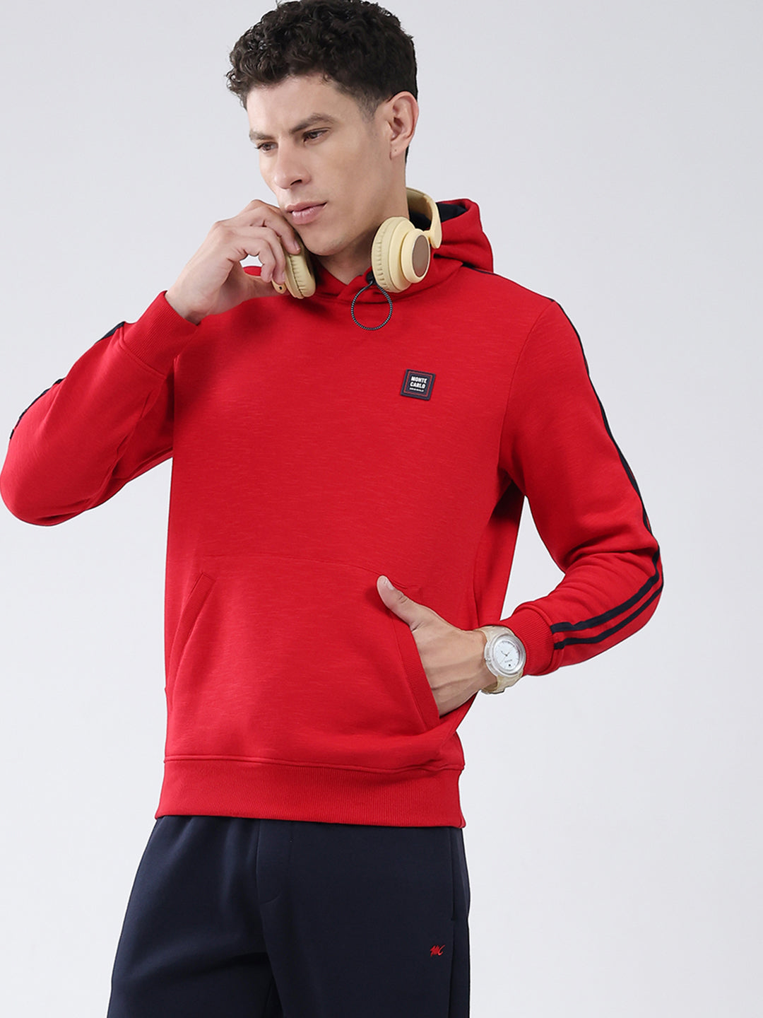 Men Red & Navy Blue Solid Hooded Full Sleeve Winter Tracksuit