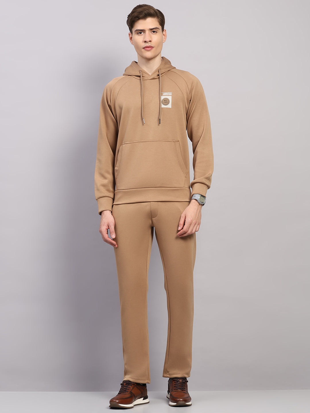 Men Beige Solid Collar Full Sleeve Winter Tracksuit