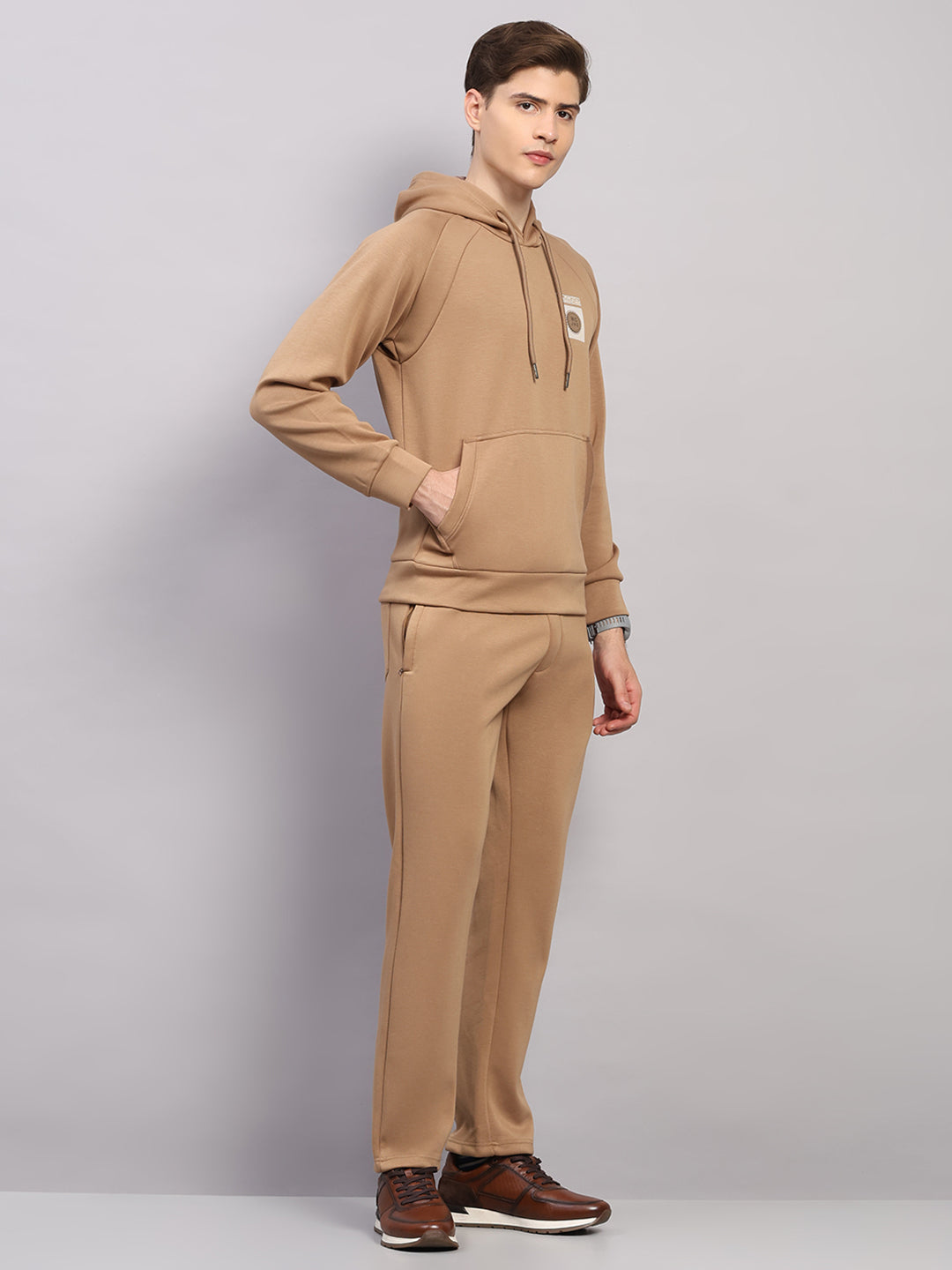 Men Beige Solid Collar Full Sleeve Winter Tracksuit