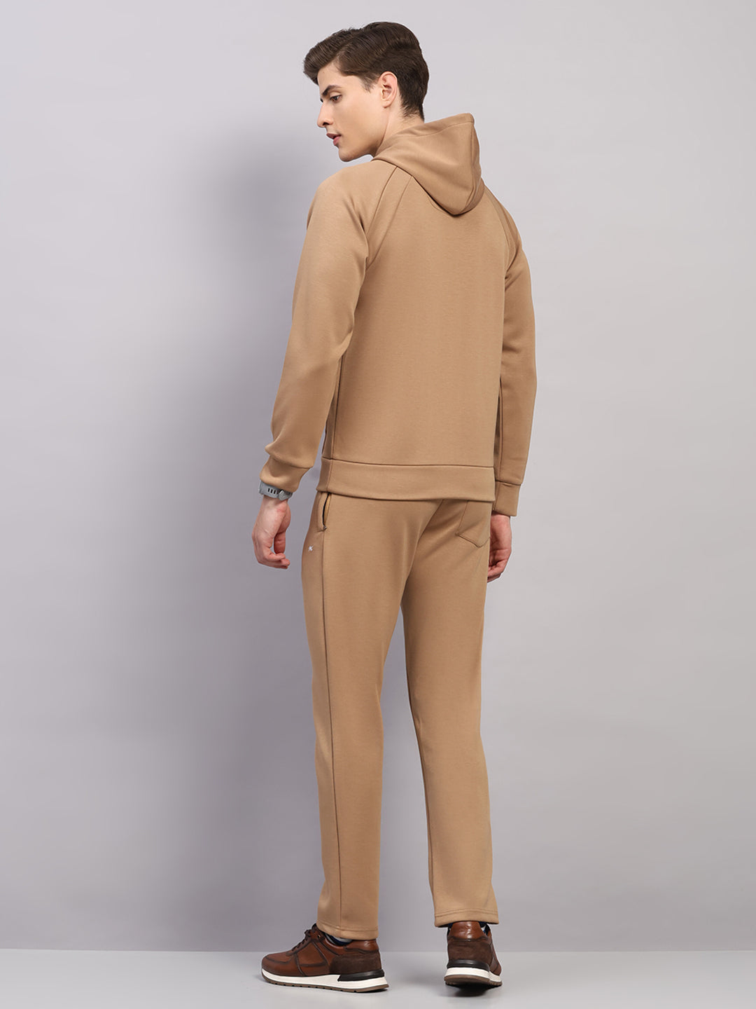 Men Beige Solid Collar Full Sleeve Winter Tracksuit