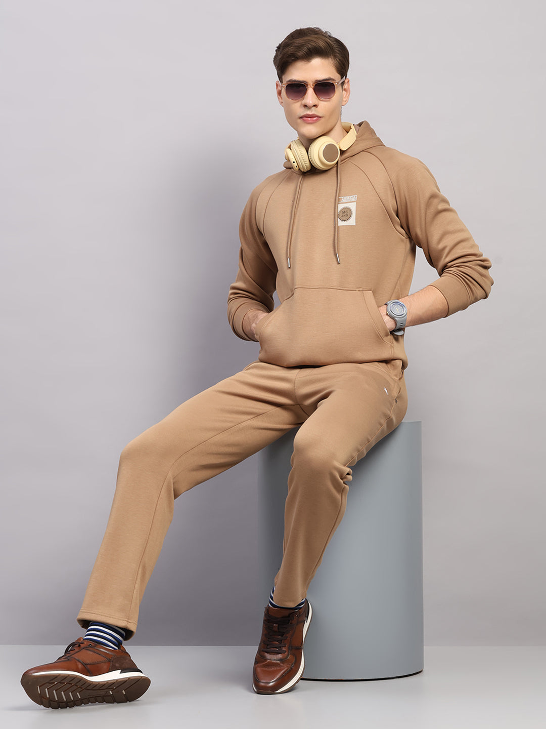 Men Beige Solid Collar Full Sleeve Winter Tracksuit