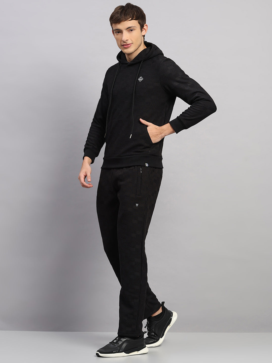 Men Black Jaquard Collar Full Sleeve Winter Tracksuit