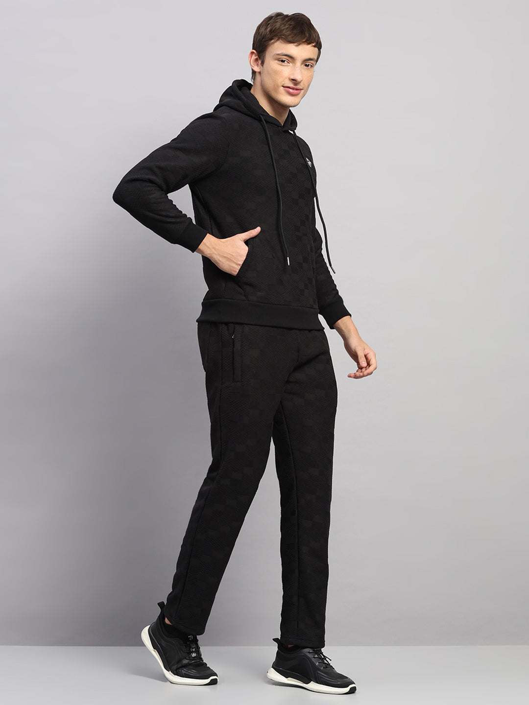 Men Black Jaquard Collar Full Sleeve Winter Tracksuit