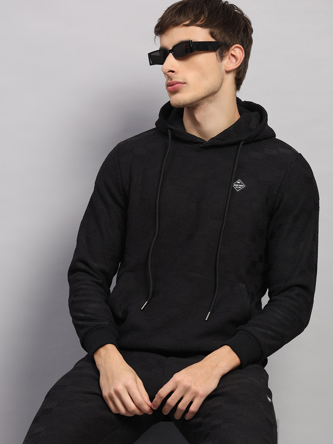 Men Black Jaquard Collar Full Sleeve Winter Tracksuit