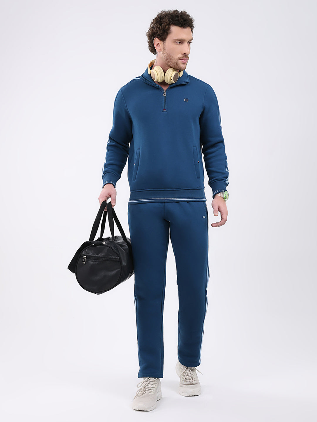 Men Teal Blue Solid Collar Full Sleeve Winter Tracksuit