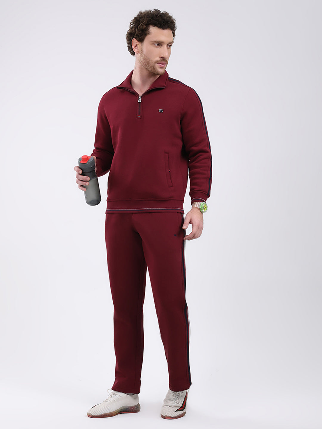 Men Maroon Solid Collar Full Sleeve Winter Tracksuit