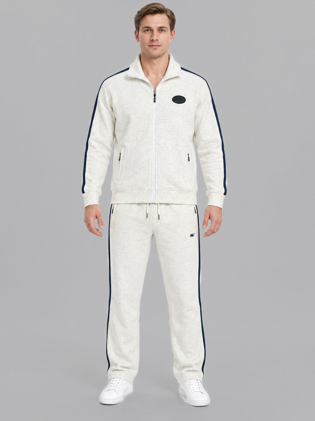 Men Off White Solid Collar Full Sleeve Winter Tracksuit