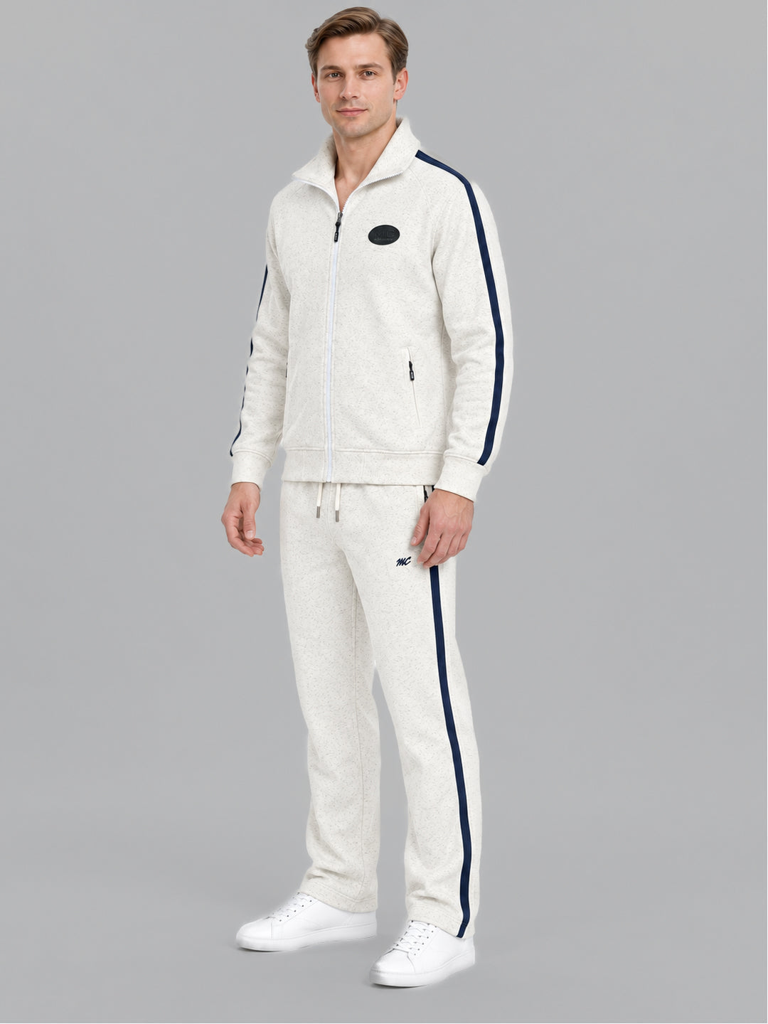 Men Off White Solid Collar Full Sleeve Winter Tracksuit