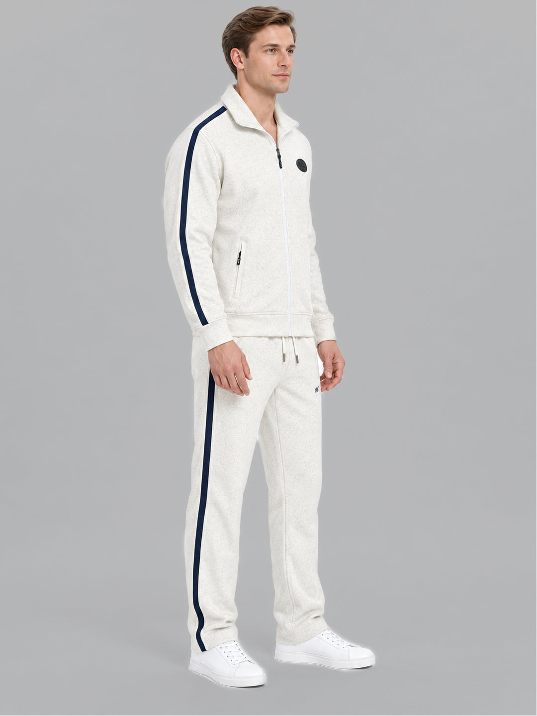 Men Off White Solid Collar Full Sleeve Winter Tracksuit