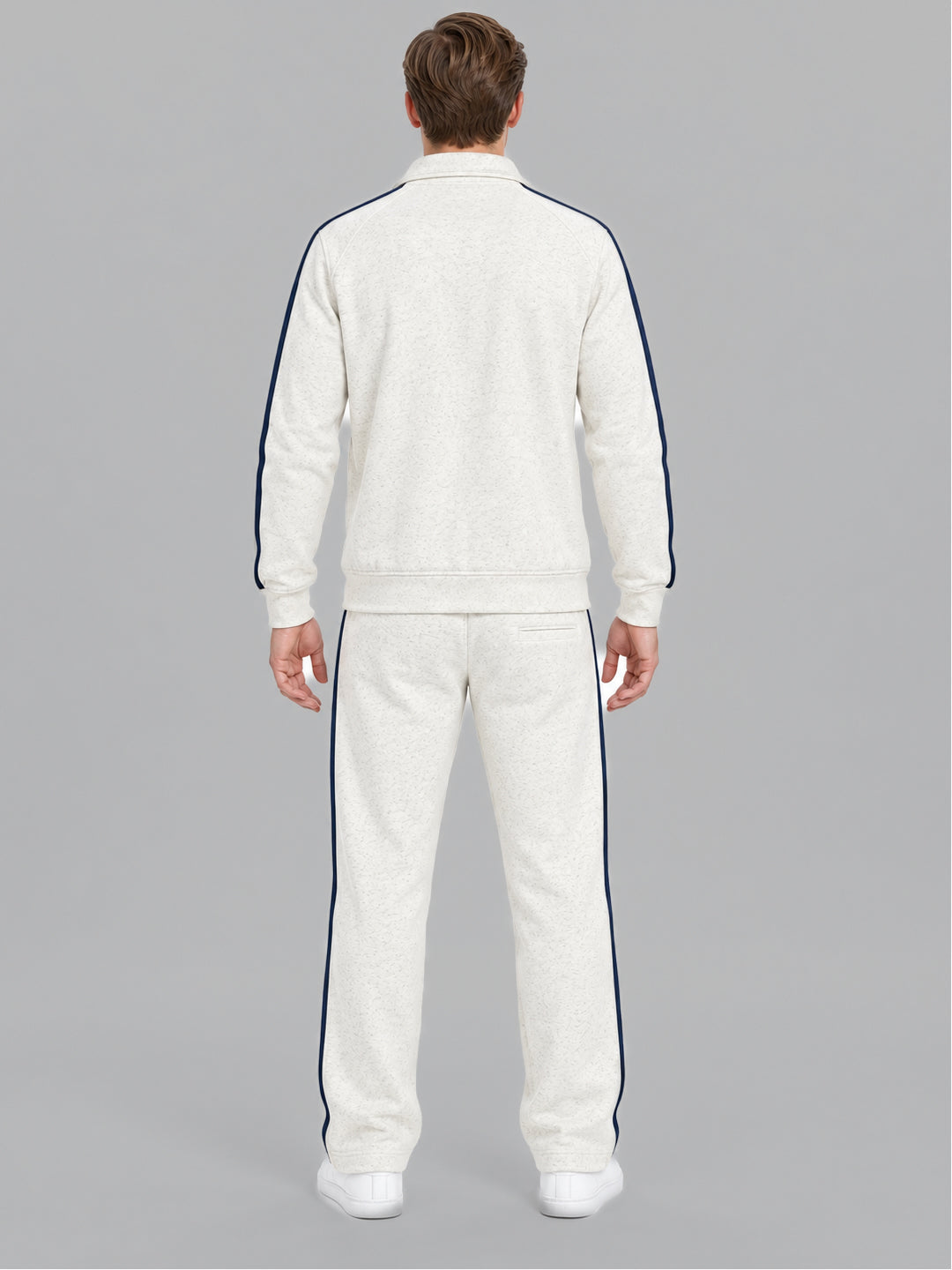 Men Off White Solid Collar Full Sleeve Winter Tracksuit