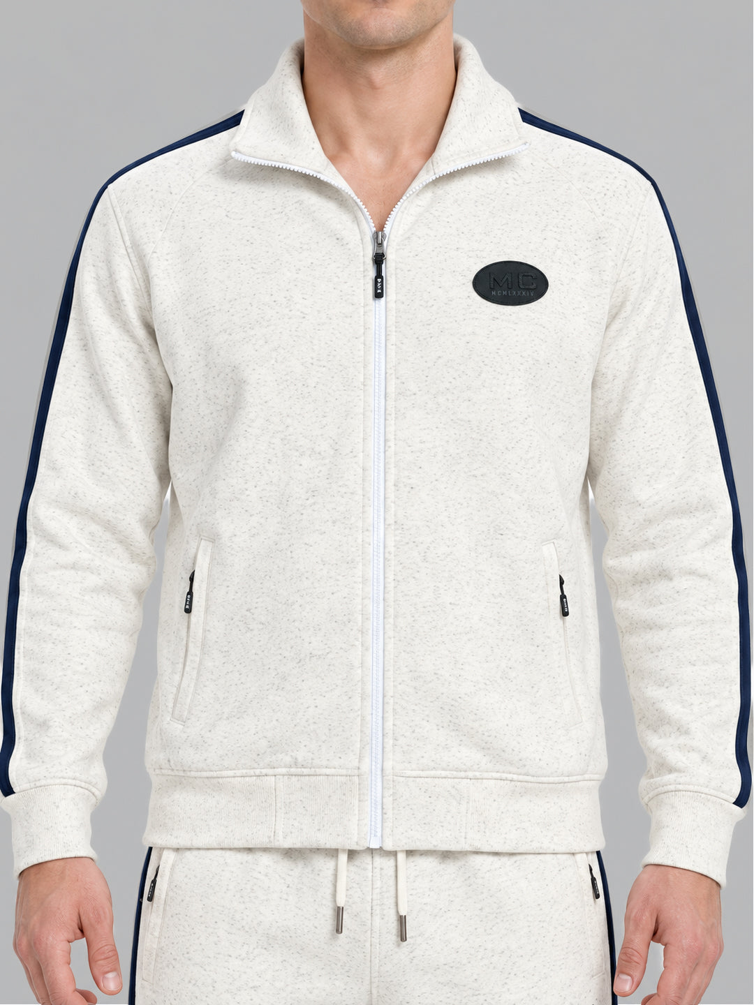 Men Off White Solid Collar Full Sleeve Winter Tracksuit