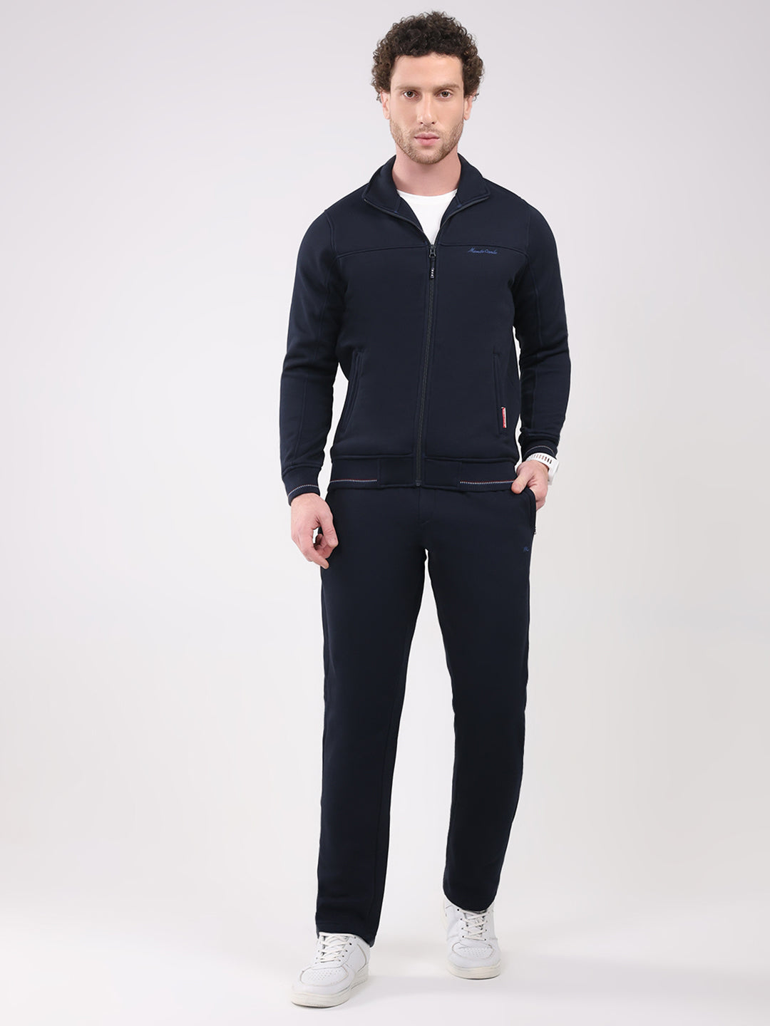 Men Navy Blue Solid Collar Full Sleeve Winter Tracksuit