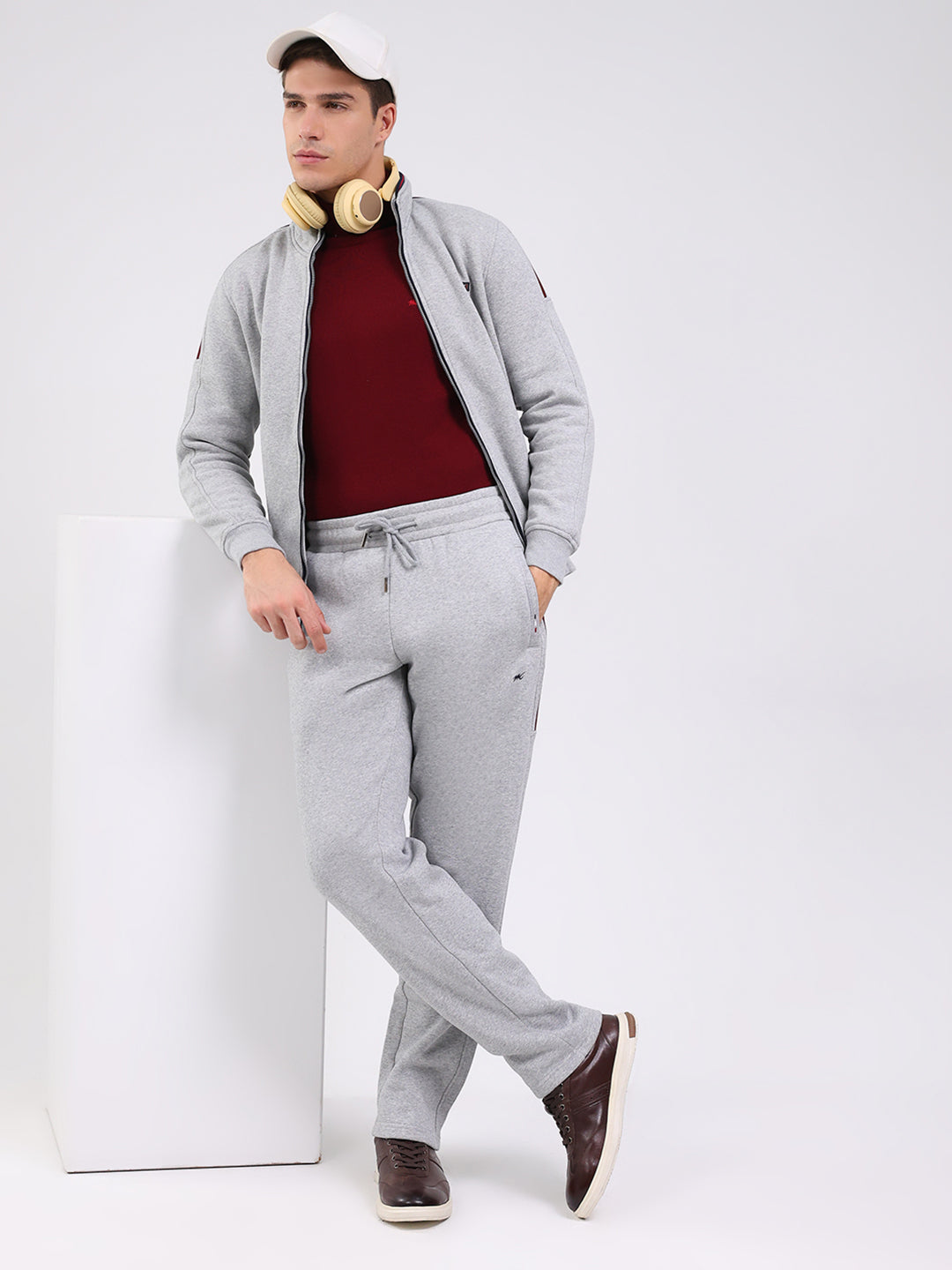 Men Grey Solid Mock Neck Full Sleeve Winter Tracksuit