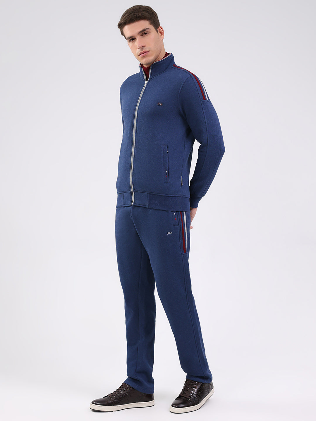 Men Blue Solid Mock Neck Full Sleeve Winter Tracksuit
