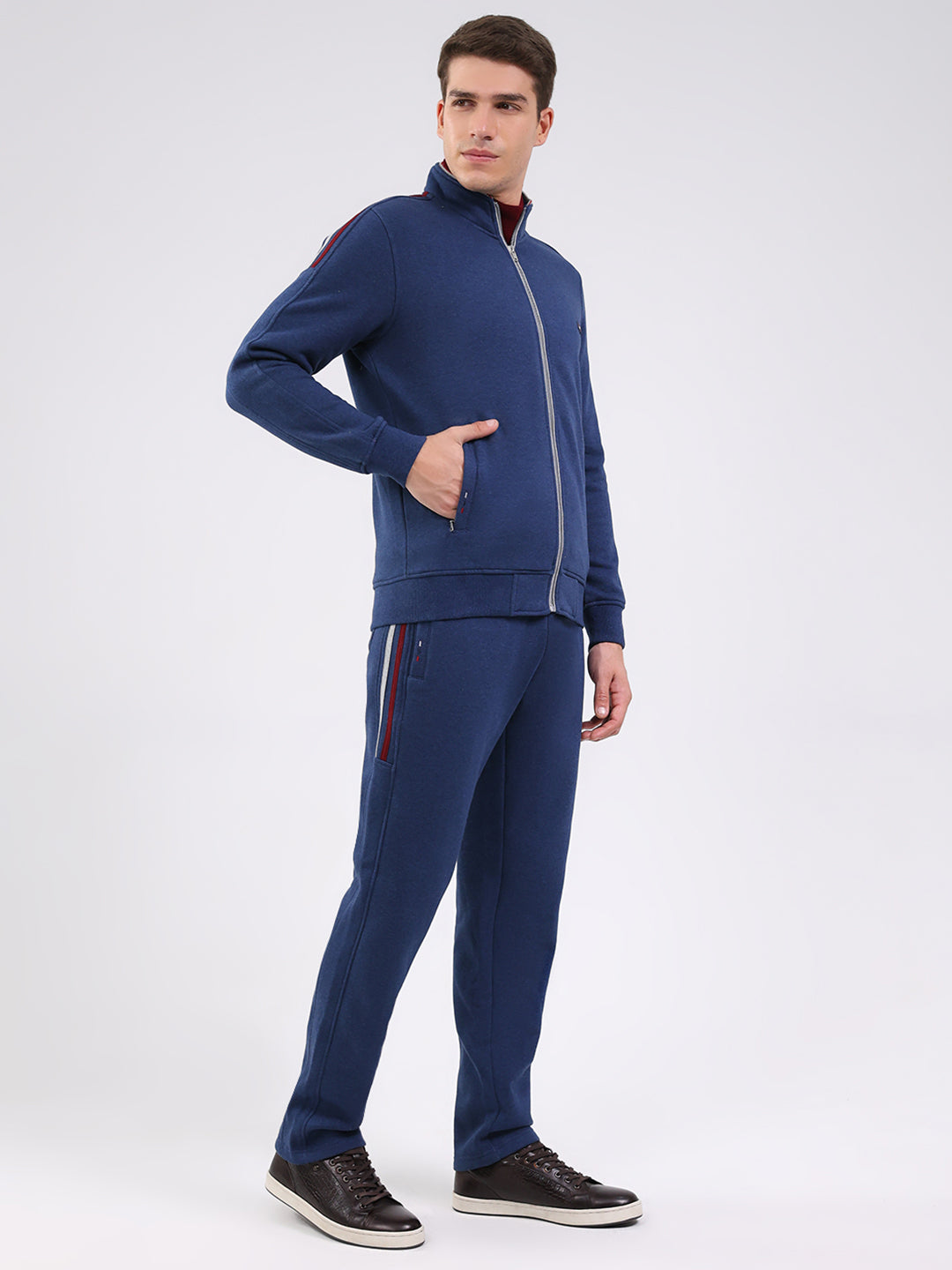 Men Blue Solid Mock Neck Full Sleeve Winter Tracksuit