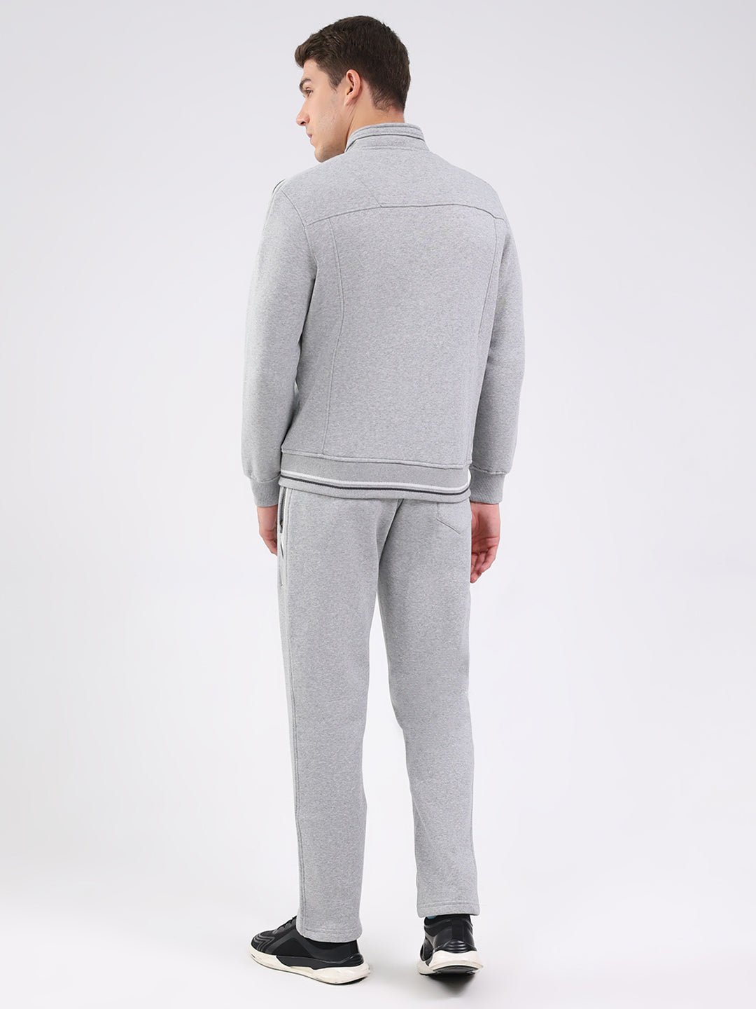 Men Grey Solid Mock Neck Full Sleeve Winter Tracksuit