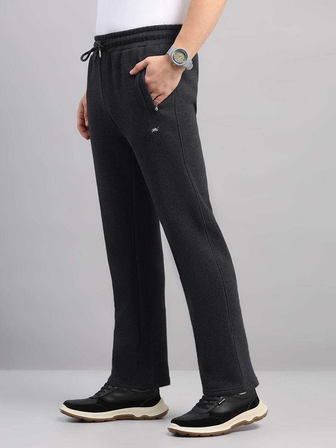 Men Charcoal Solid Collar Full Sleeve Winter Tracksuit