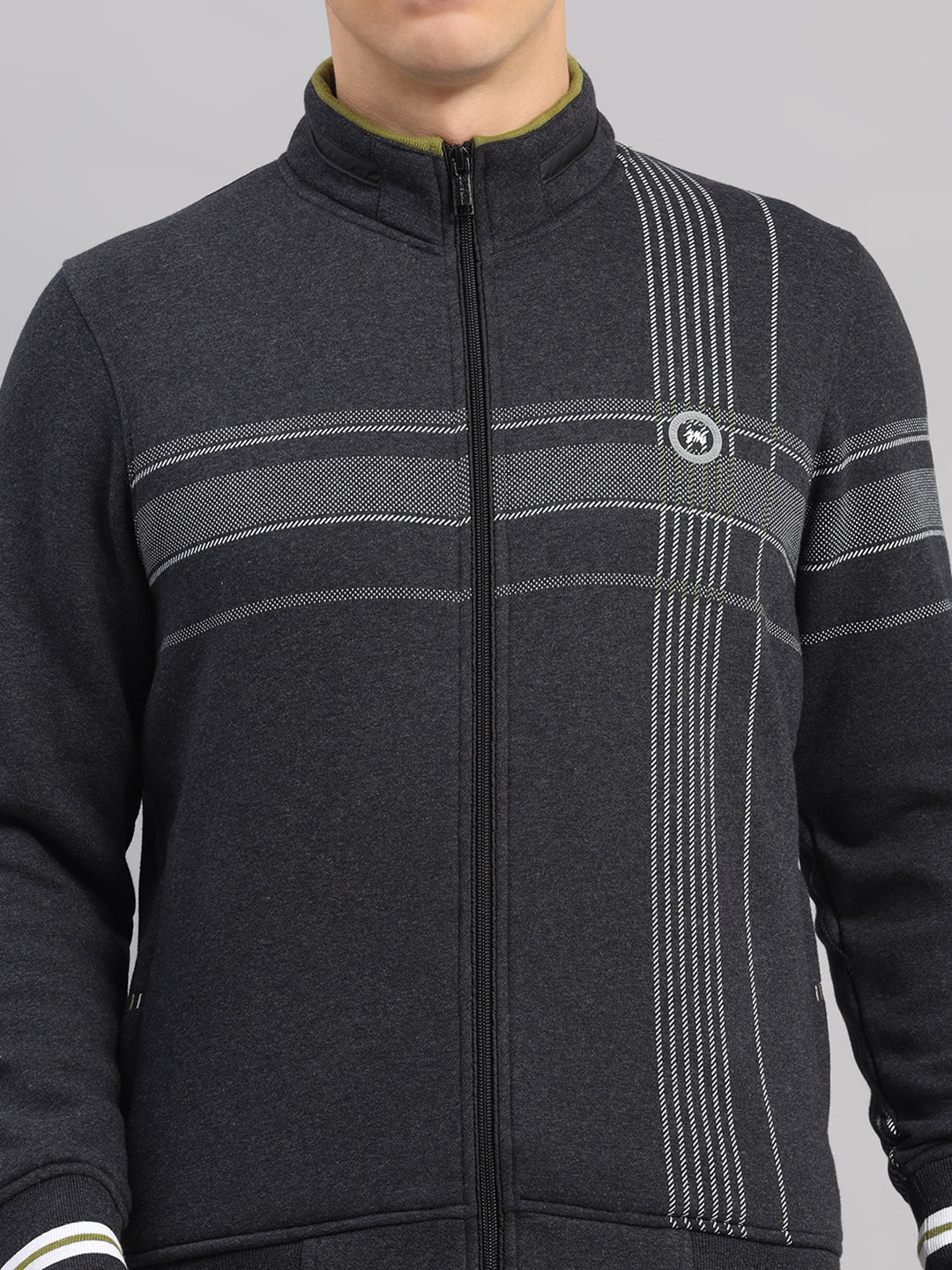 Men Charcoal Solid Collar Full Sleeve Winter Tracksuit