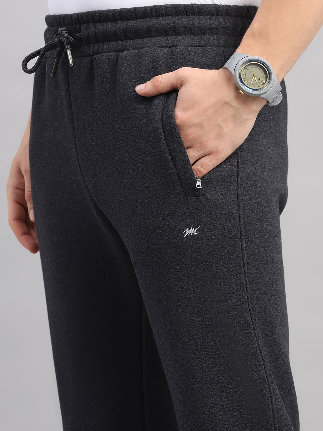 Men Charcoal Solid Collar Full Sleeve Winter Tracksuit