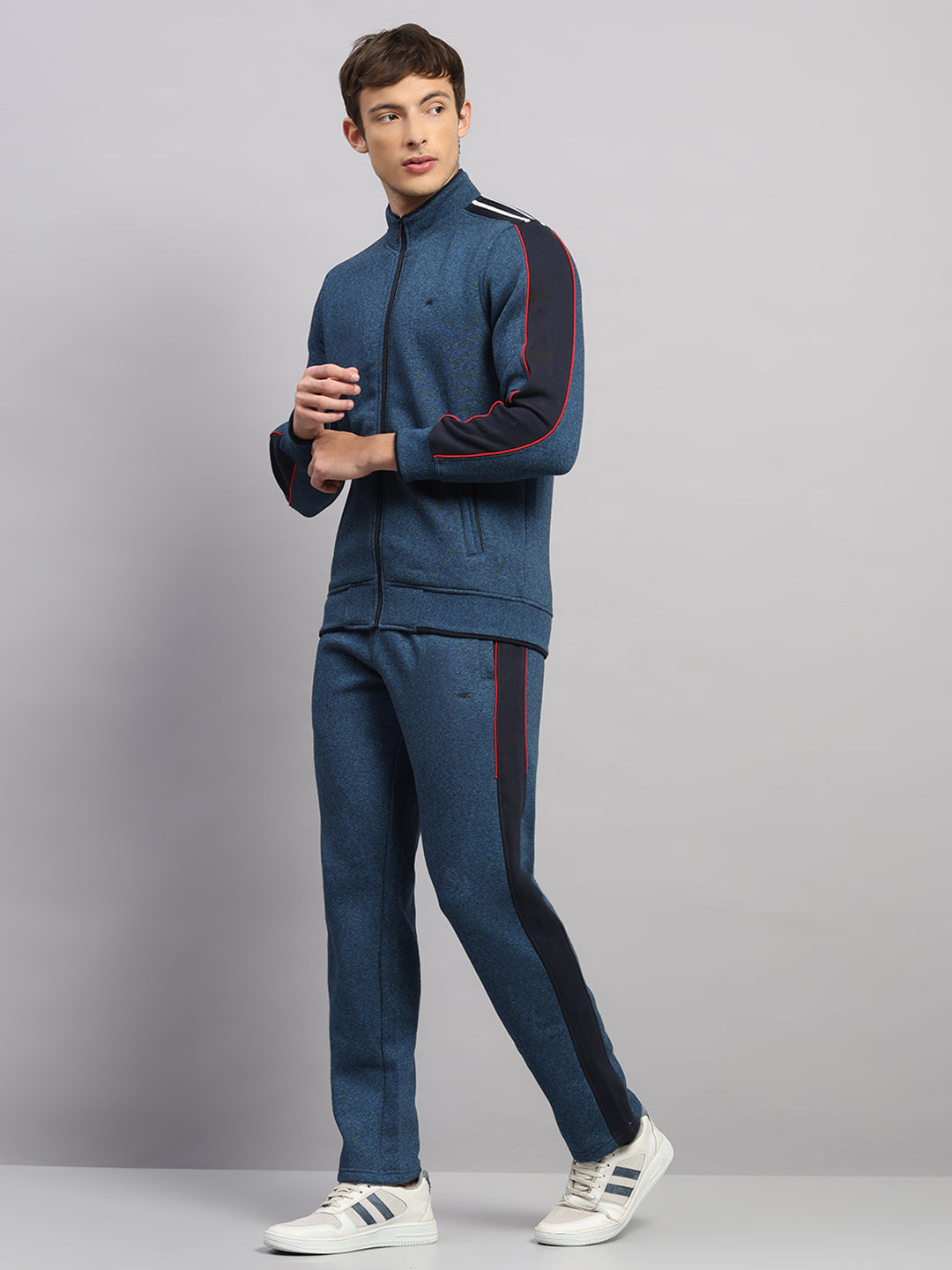 Men Navy Blue Solid Collar Full Sleeve Winter Tracksuit