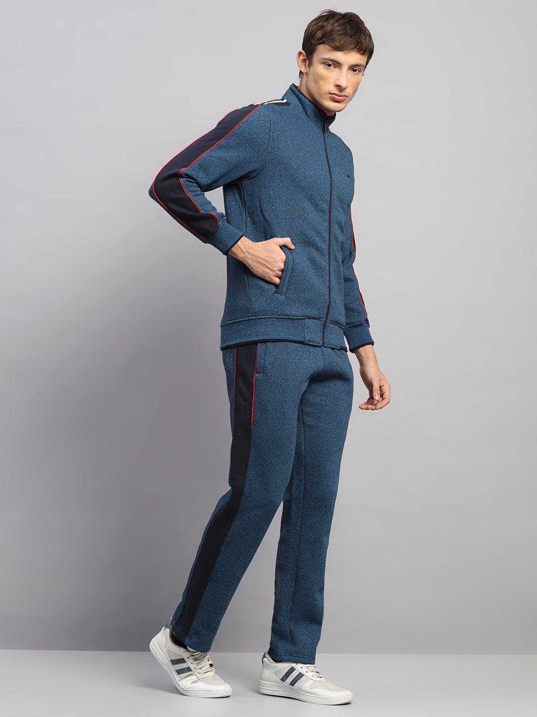 Men Navy Blue Solid Collar Full Sleeve Winter Tracksuit