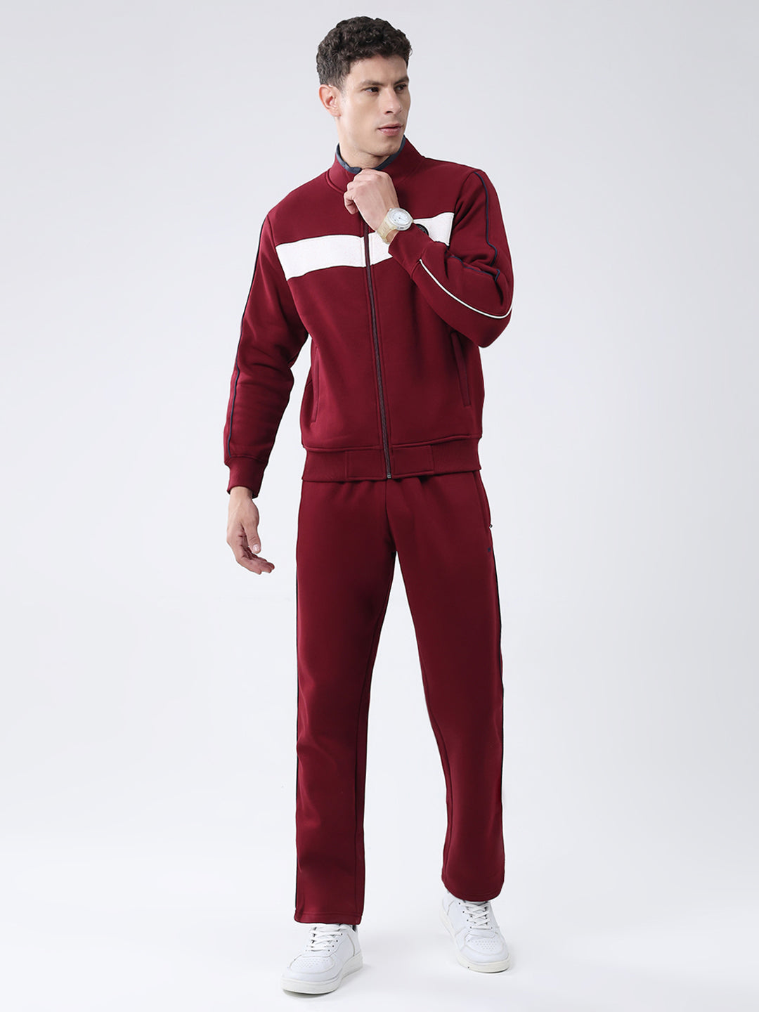 Men Maroon Solid Mock Neck Full Sleeve Winter Tracksuit